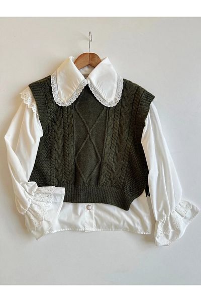 Namaste Vintage Khaki Color Knitted Knitwear Sweater with Ties on the Sides