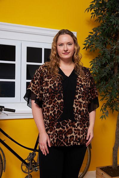 RMG Women's Leopard Patterned Flounce Sleeve Detailed Large Size Blouse