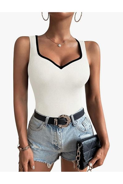 MODAYA V-Neck White Twill Crop Tank