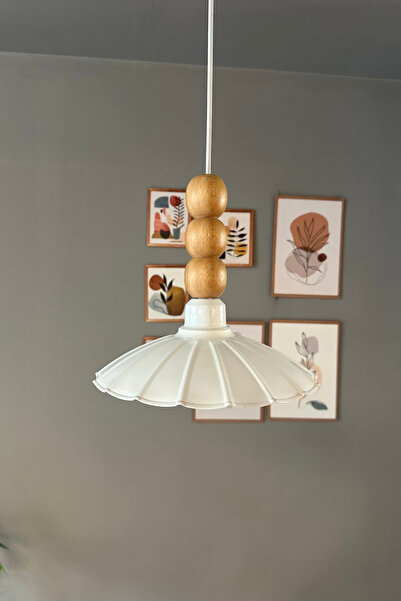 Bamyum Risso Beyaz Tekli Metal Avize Ahşap Üç Boncuk Cafe Mutfak Modern Dekoratif Sarkıt Aydınlatma