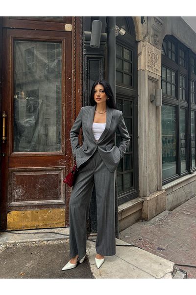 LOVELF Gray Shawl Collar Striped Polyviscon Suit