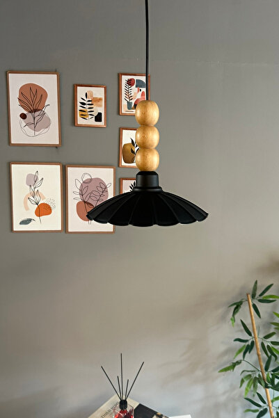 Bamyum Risso Siyah Tekli Metal Avize Ahşap Üç Boncuk Cafe Mutfak Modern Dekoratif Sarkıt Aydınlatma