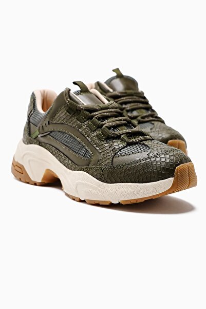 Eray Kadın haki yeşil kaymaz rahat taban tekstil detaylı sneaker spor ayakkabı