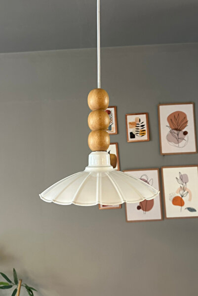 Bamyum Risso Beyaz Tekli Metal Avize Ahşap Üç Boncuk Cafe Mutfak Modern Dekoratif Sarkıt Aydınlatma