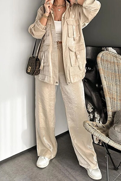 msendam Kadın Oversize Safari Ceketli Parlak Takım -(pantolon / ceket)