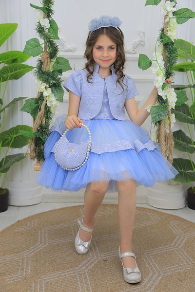 MİSS RAİN Jacquard Double Skirt Short Sleeve Flower Detail Girl's Tulle Evening Dress