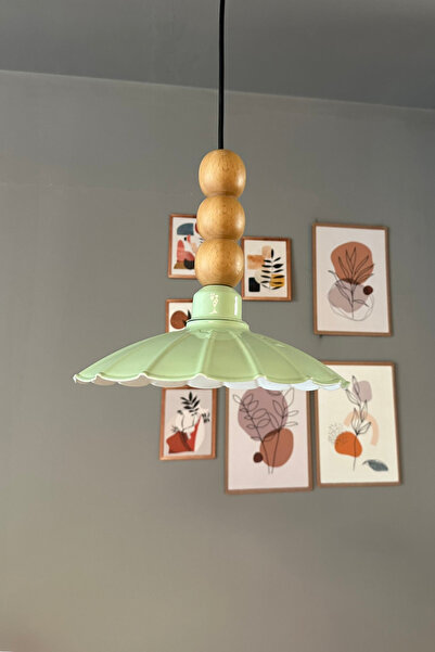 Bamyum Risso Mint Tekli Metal Avize Ahşap Üç Boncuk Cafe Mutfak Modern Dekoratif Sarkıt Aydınlatma