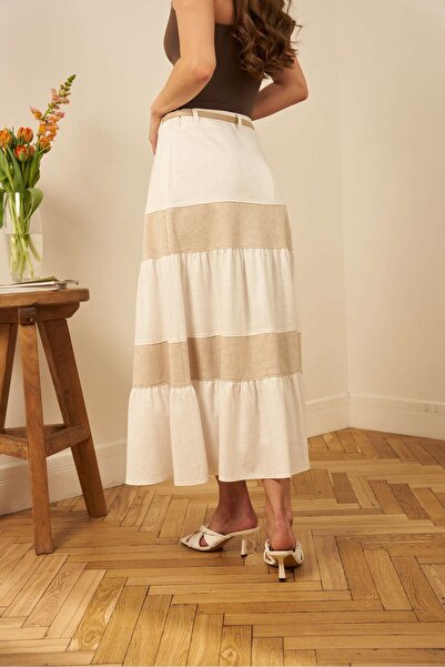 Guzella Beige Blocked Maxi Skirt