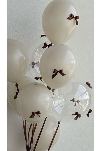 Çemrek Süs Parti Bundle of Transparent and Cream Balloons with Brown Bows 10 pcs