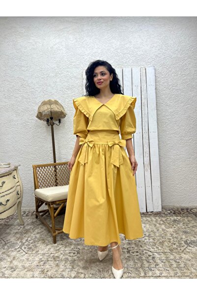 KÜÇÜĞÜM BUTİK Mustard Bow Poplin Skirt