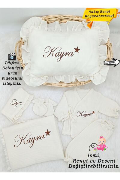 gros shop 4Katlı Müslin 6'lı Kimono Bağcıklı Tulum %100Pamuk Hastane Çıkışı(Kişiye Özgü İsimli Nakış Desenli)