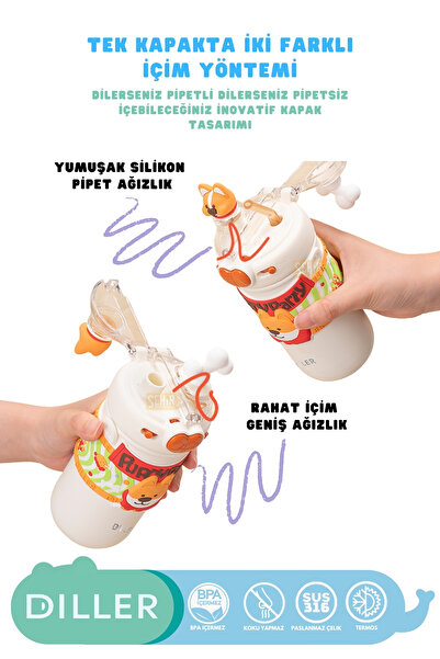 DILLER 520ml Yeni Koleksiyon Sevimli Hayvanlar Süslü Pipetli/Pipetsiz Boyun Askılı Paslanmaz Çelik Termos