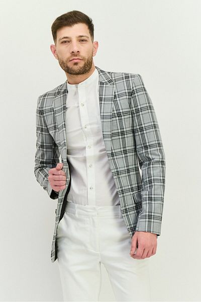 Asos Design Men Super Skinny Tartan Plaid Semi Formal Suit Jacket, Light Grey