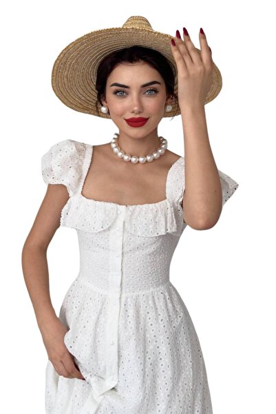 Moda Amore Γυναικείο βραδινό φόρεμα Fisto - Τετράγωνο γιακά με κοντό μανίκι μπροστινό κουμπί με λεπτομέρεια Midi μήκος 161