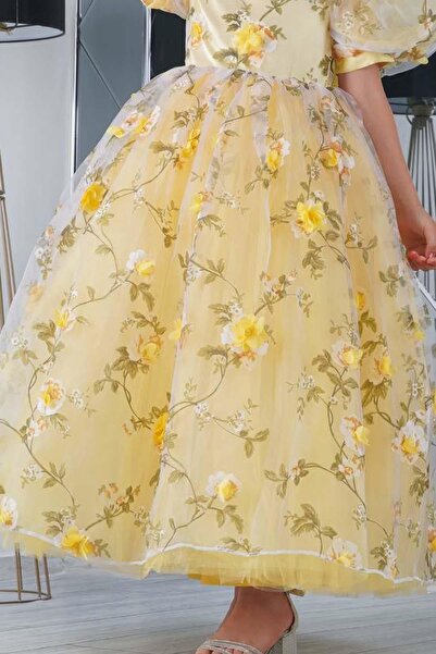 Riccotarz Girl's Balloon Sleeves, Transparent Tulle, Ivy Flower Embroidered, Lined Yellow Evening Dress