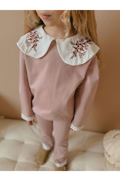 patriko tekstil Girl's Collar Flower Embroidered Pink Color Bottom Top Set