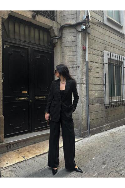 LOVELF Şal Yaka Çizgili Poliviskon Takım Siyah