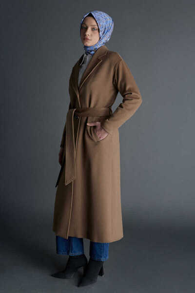 Setrms Belden Kuşaklı Angora Kumaş Manto