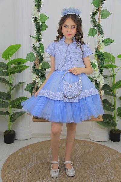 MİSS RAİN Jacquard Double Skirt Short Sleeve Flower Detail Girl's Tulle Evening Dress