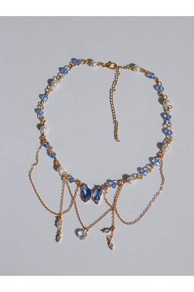 Reorah Collection Fairy Silvermist Choker Necklace-Navy Butterfly Beaded Pearl Choker Necklace