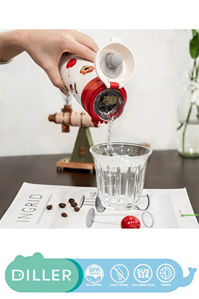 DILLER 480ml Yeni Koleksiyon Sevimli Hayvanlar Desenli Pipetli Kilitlenebilir Kapak Paslanmaz Çelik Termos