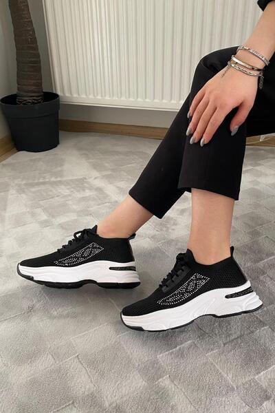 Preshley Kadın Fabri Siyah Triko Beyaz Tabanlı Taşlı Spor Ayakkabı & Sneaker