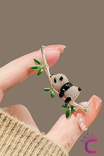 Cinderella Dal Üstünde Sevimli Panda Tasarım Kristal Taşlı Broş - Hediyelik K...