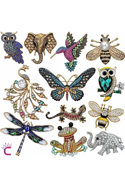 Cinderella 12'li Zirkon Taşlı Tasarım Broş Seti - Arı Baykuş Tavus Kuşu Kurba...