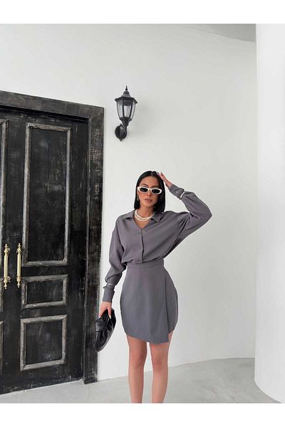 aytenli Shirt Collar Cuffed Waist and Sleeve Side Zipper Top Piece Skirt Half Button Double Mini Dress