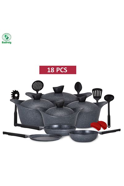 badreig LAHOYA CERAMIC COATED COOKWARE SET 18 PCS (GRAY) |Made in Saudi