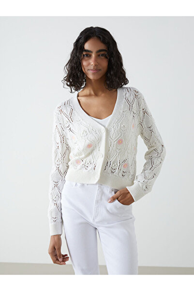 LC Waikiki Nevavm V-Neck Floral Women's Knitwear Cardigan with a Difference