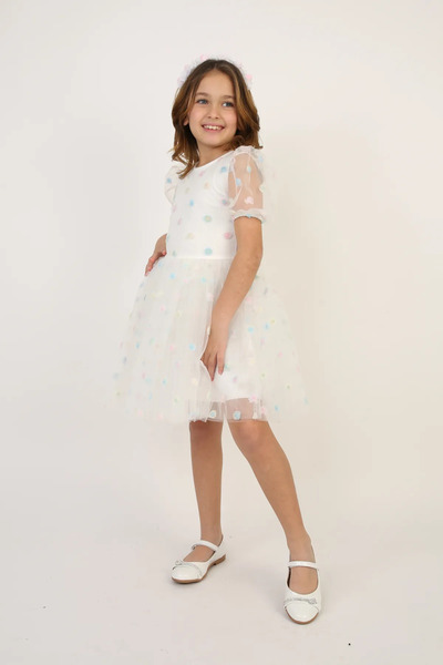 NOBLE STORE Kız Çocuk Renkli Puantiye Desenli Beyaz Elbise 23 Nisan 29 Ekim G...