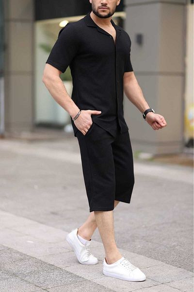 Know Men's Black Waffle Fabric Capri Shorts Shirt Set