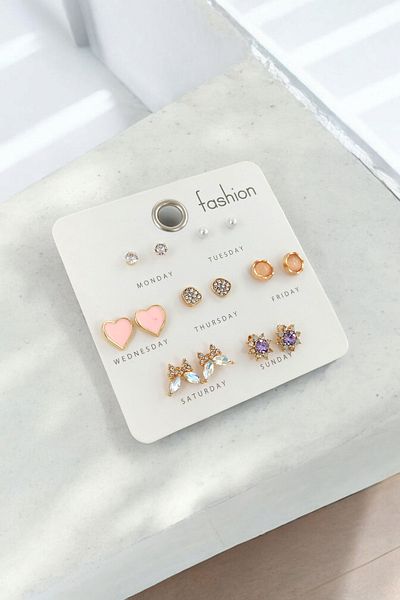 Çlk Accessories Colorful Heart Swelling 7 Teeth Premium Earring Set 35684