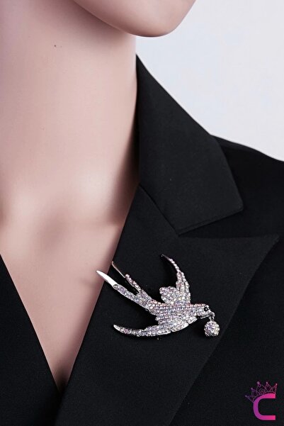 Cinderella Kırlangıç Kuş Tasarım Taşlı Broş Gümüş Renk - Kadın Hediyelik Elbise Ceket Yaka İğnesi Broş Rozeti