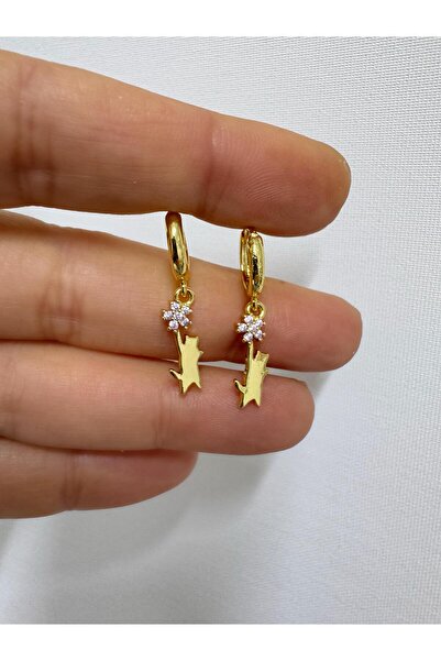 Arescollection rodyum kaplama zirkon taşlı kararmaz 1 çift kedi figürlü halka küpe