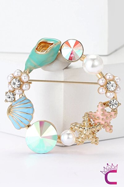 Cinderella Deniz Yıldızı İncili Taşlı Çiçekli Kadın Çelenk Broş - Hediyelik E...