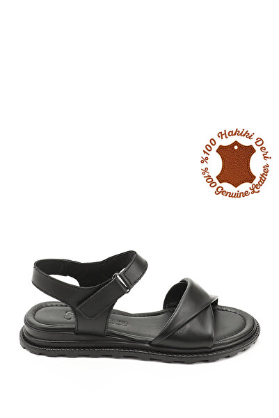 GÖNDERİ(R) Γυναικεία μαύρα πέδιλα από γνήσιο δέρμα με κορδόνια Velcro