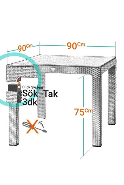 nar sokağı Camlı Antrasit 90x90 Cm Rattan Bahçe Balkon Masası