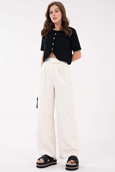 Saade Ecru High Waist Velcro Closure Double Pleat Woven Palazzo Trousers