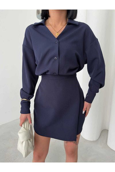 aytenli Shirt Collar Cuffed Waist and Sleeve Side Zipper Top Piece Skirt Half Button Double Mini Dress
