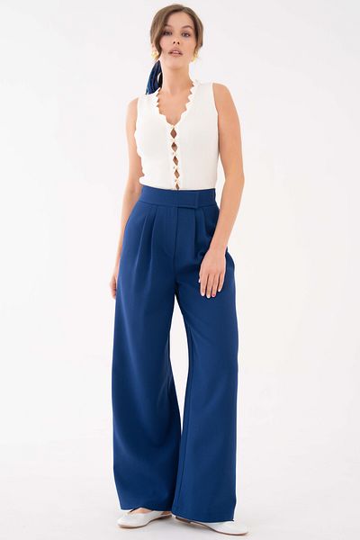 Saade Navy Blue High Waist Velcro Closure Double Pleat Woven Palazzo Trousers