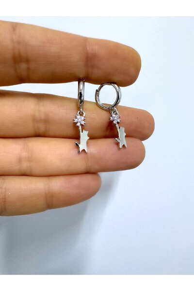 Arescollection rodyum kaplama zirkon taşlı kararmaz 1 çift kedi figürlü halka küpe