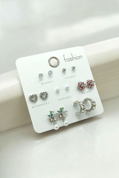 Çlk Accessories Premium 7'Li Earring Set Colorful Pearl Earring Set 35682