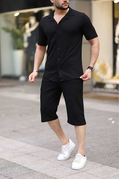 Know Men's Black Waffle Fabric Capri Shorts Shirt Set