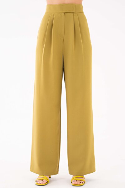 Saade Yağ Yeşili Yüksek Bel Cırtlı Kapama Çift Pile Dokuma Palazzo Pantolon