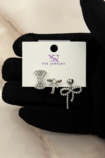 PRVT Silver Color Ribbon Figured Stone Detailed Vip Triple Ysx Earring Set