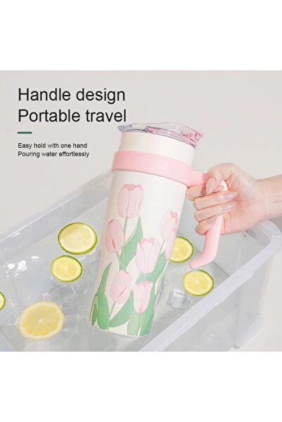 DILLER Lale Desenli Pipetli Yalıtımlı 1200ml 12 Saate Kadar Sıcak/Soğuk Bardak Gövdeli Termos