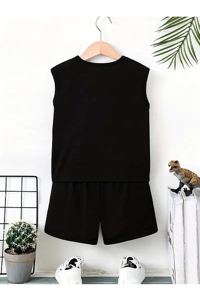 LUNAVISTA 2 Pieces Set Solid Color Dinosaur Pattern Sleeveless Crop Top Round Neck Shorts,