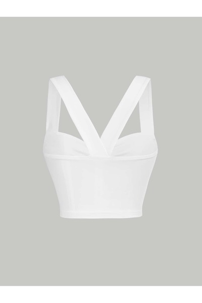 WEEST MODA White Summer Wide Shoulder Strap Twist Front Wide Strap Top Crop